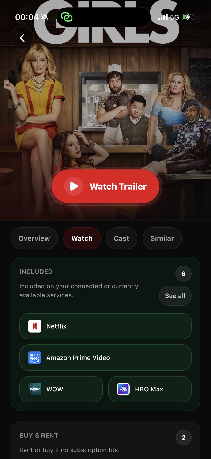 Struffle detail screen showing where a movie is included or available to rent