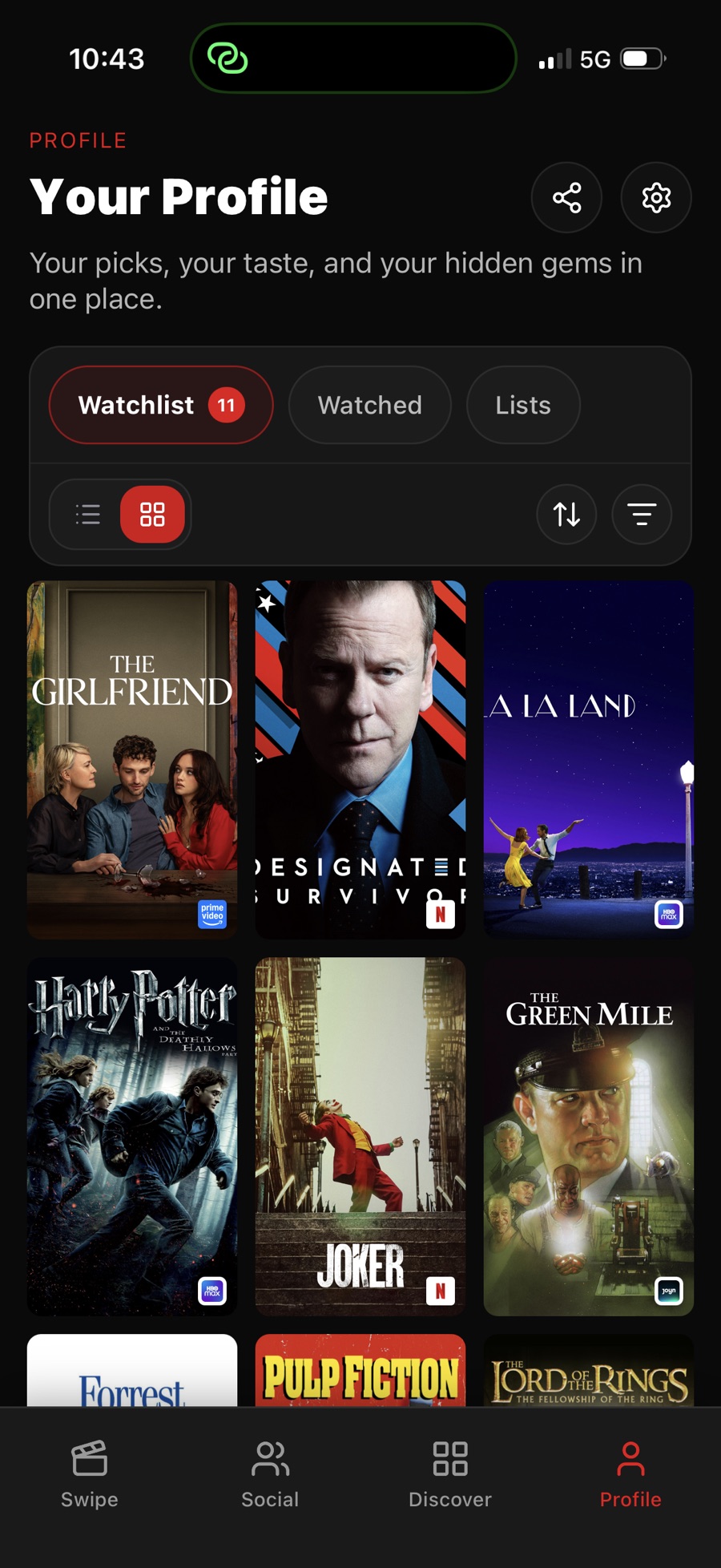 Struffle profile watchlist with saved movies and series across providers